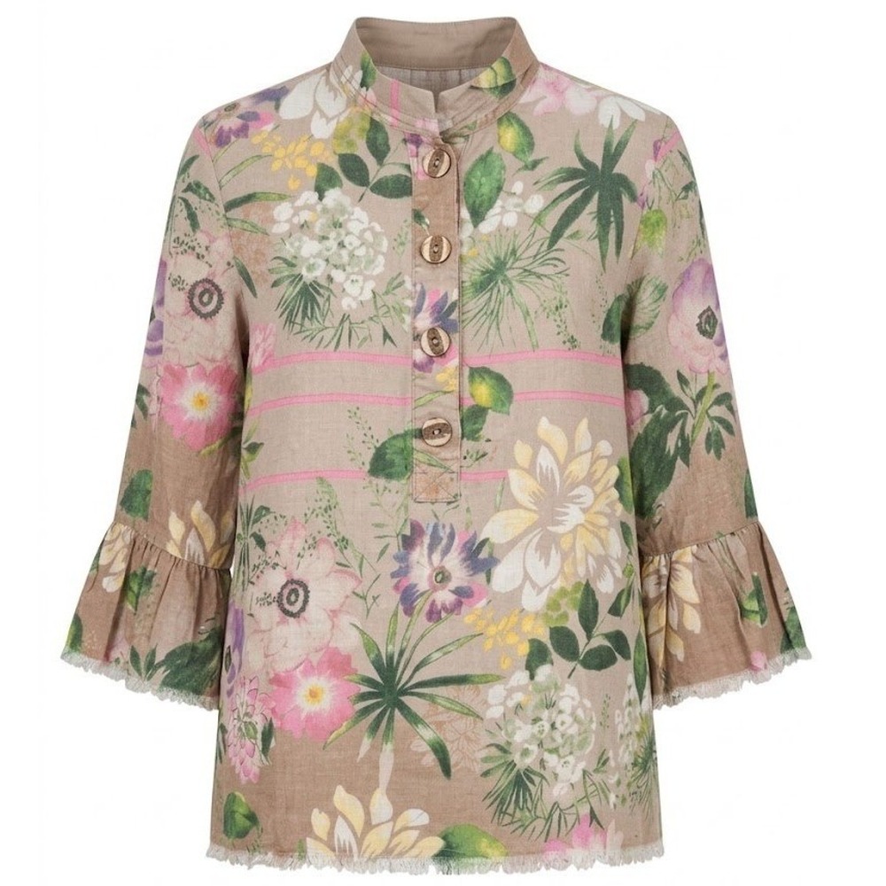 John Mark Linen Floral Ruffle Sleeve Wire Collar Tunic Blouse Tan Large - AC
